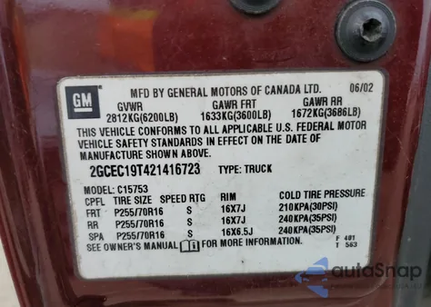 2002 Chevrolet Silverado C1500 from USA, damaged, VIN 2GCEC19T421416723